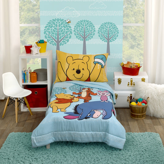 Disney Winnie the Pooh Funny Friends Aqua, Gold, Blue and Orange, Tigger, Eeyore and Piglet 4 Piece Toddler Bed Set - Comforter, Fitted Bottom Sheet, Flat Top Sheet, and Reversible Pillowcase