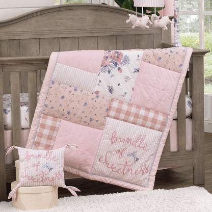 NoJo Farmhouse Chic Pink, Periwinkle, and White Floral, Stripes, Gingham, and Velvet 'Bundle of Sweetness' 4 Piece Nursery Crib Bedding Set - Comforter, 100% Cotton Fitted Crib Sheet, Crib Skirt, and Storage