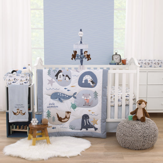 Arctic Adventure Light Blue, White, Taupe and Navy Whales, Walrus, and Otter 4 Piece Nursery Crib Bedding Set - Comforter, 100% Cotton Fitted Crib Sheet, Crib Skirt, and Storage Caddy