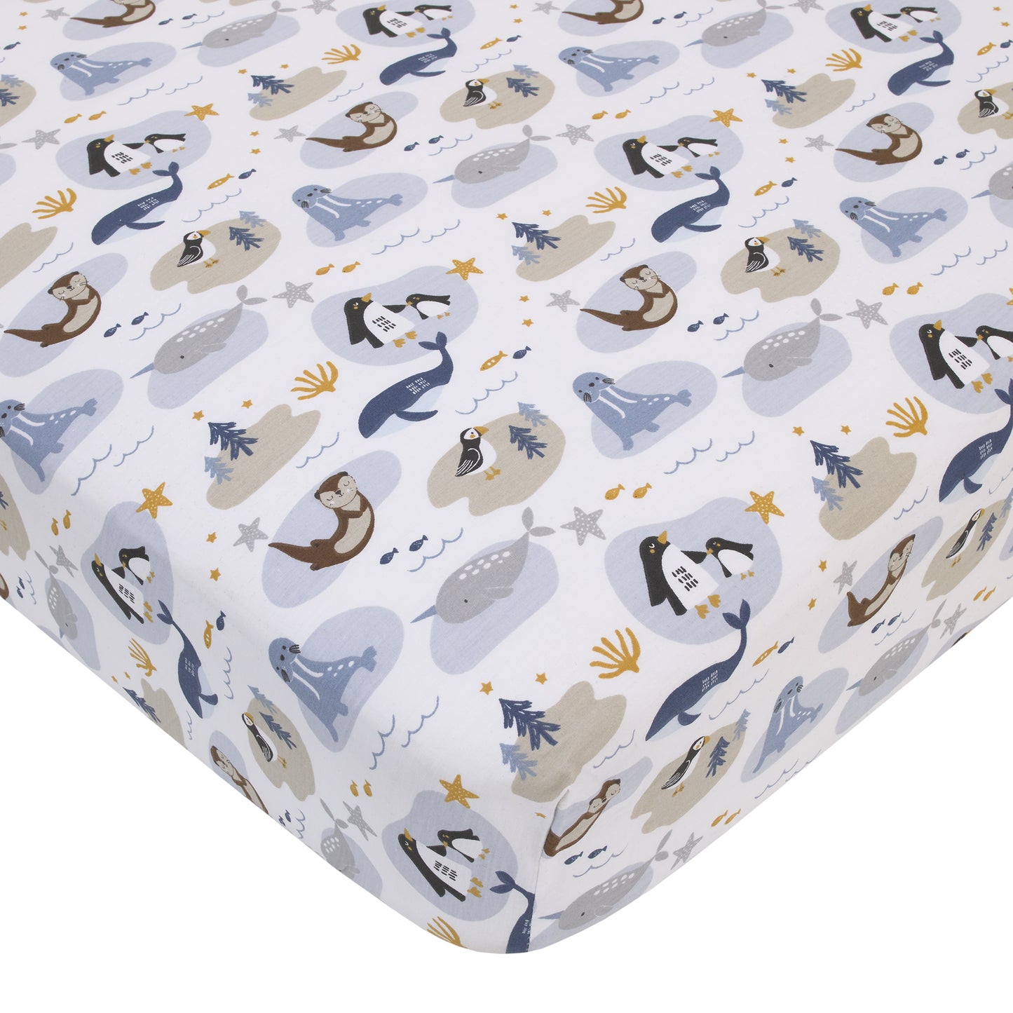 NoJo Arctic Adventure Light Blue, White, Taupe and Navy Whales, Walrus, and Otter 4 Piece Nursery Crib Bedding Set - Comforter, 100% Cotton Fitted Crib Sheet, Crib Skirt, and Storage Caddy