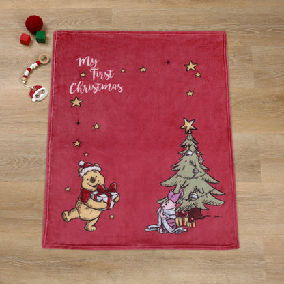 Disney Winnie the Pooh and Piglet Red and Green Holiday Christmas Tree "My First Christmas" Photo Op Super Soft Baby Blanket