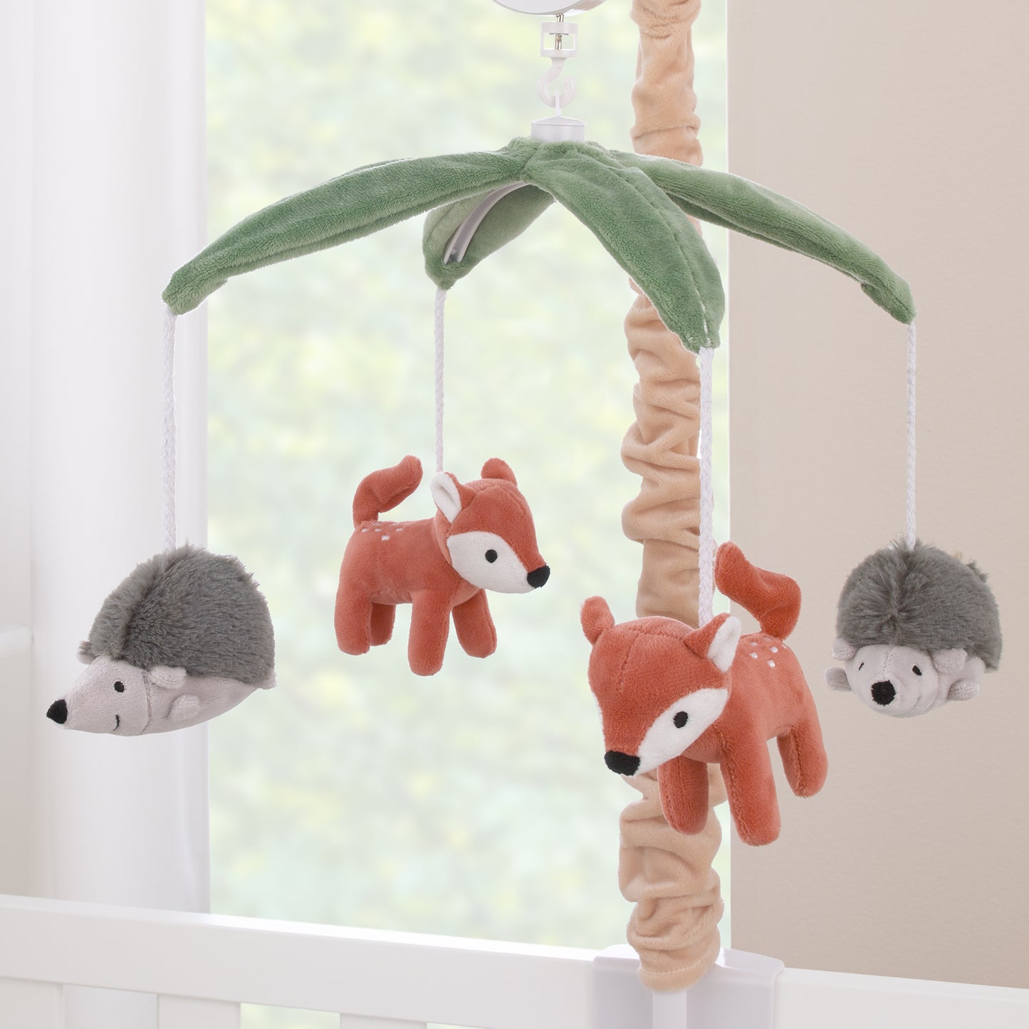 NoJo Plush Deer Green, Gray, and Tan Foxes and Hedgehogs Musical Mobile