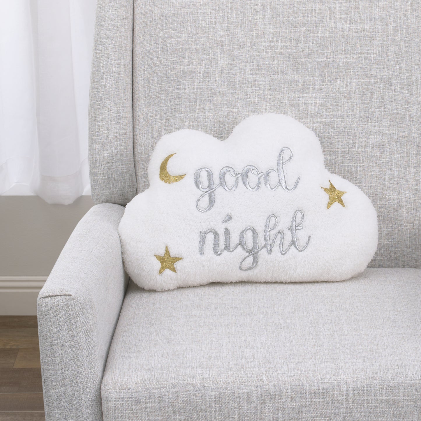 Little Love by NoJo White Cloud with Gold and Silver Embroidery "Good Night" Decorative Pillow with Moon and Stars