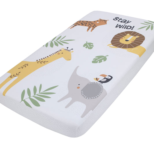 NoJo Jungle Trails White, Green, and Gold Stay Wild Animal Print with Leaves Photo Op 100% Cotton Nursery Fitted Crib Sheet
