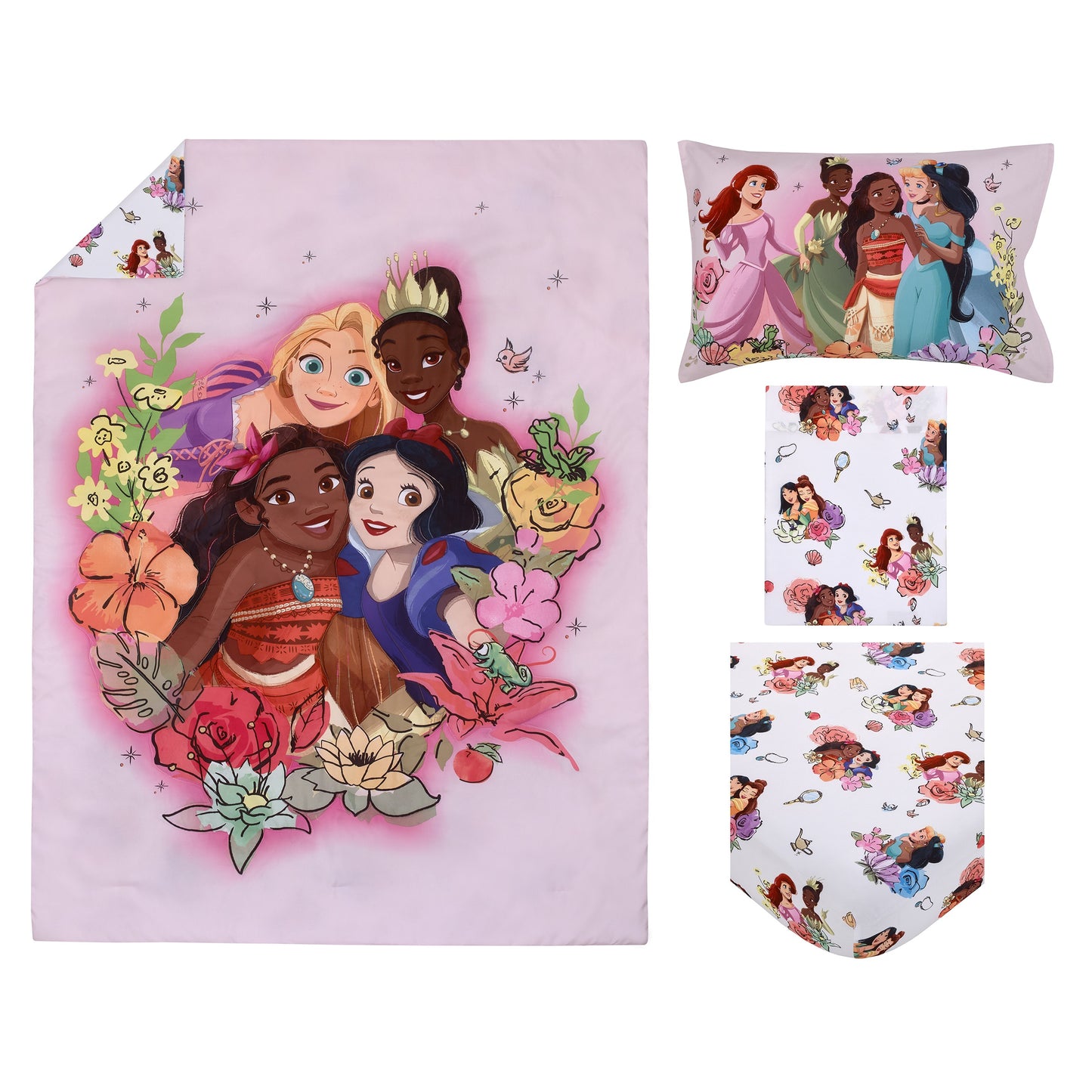 Disney Princesses Courage and Kindness Pink, Blue, and White, Rapunzel, Ariel, Tiana, Moana, Jasmine, Cinderella, Mulan, Belle, and Snow White 4 Piece Toddler Bed Set - Comforter, Fitted Bottom Sheet, Flat Top Sheet, and Reversible Pillowcase