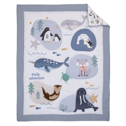 NoJo Arctic Adventure Light Blue, White, Taupe and Navy Whales, Walrus, and Otter 4 Piece Nursery Crib Bedding Set - Comforter, 100% Cotton Fitted Crib Sheet, Crib Skirt, and Storage Caddy
