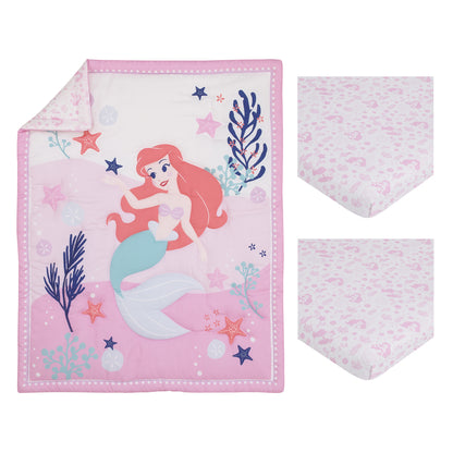 Disney The Little Mermaid Ariel Cute by Nature White and Pink Star Fish and Coral Reef 3 Piece Nursery Mini Crib Bedding Set - Comforter and Two Fitted Mini Crib Sheets