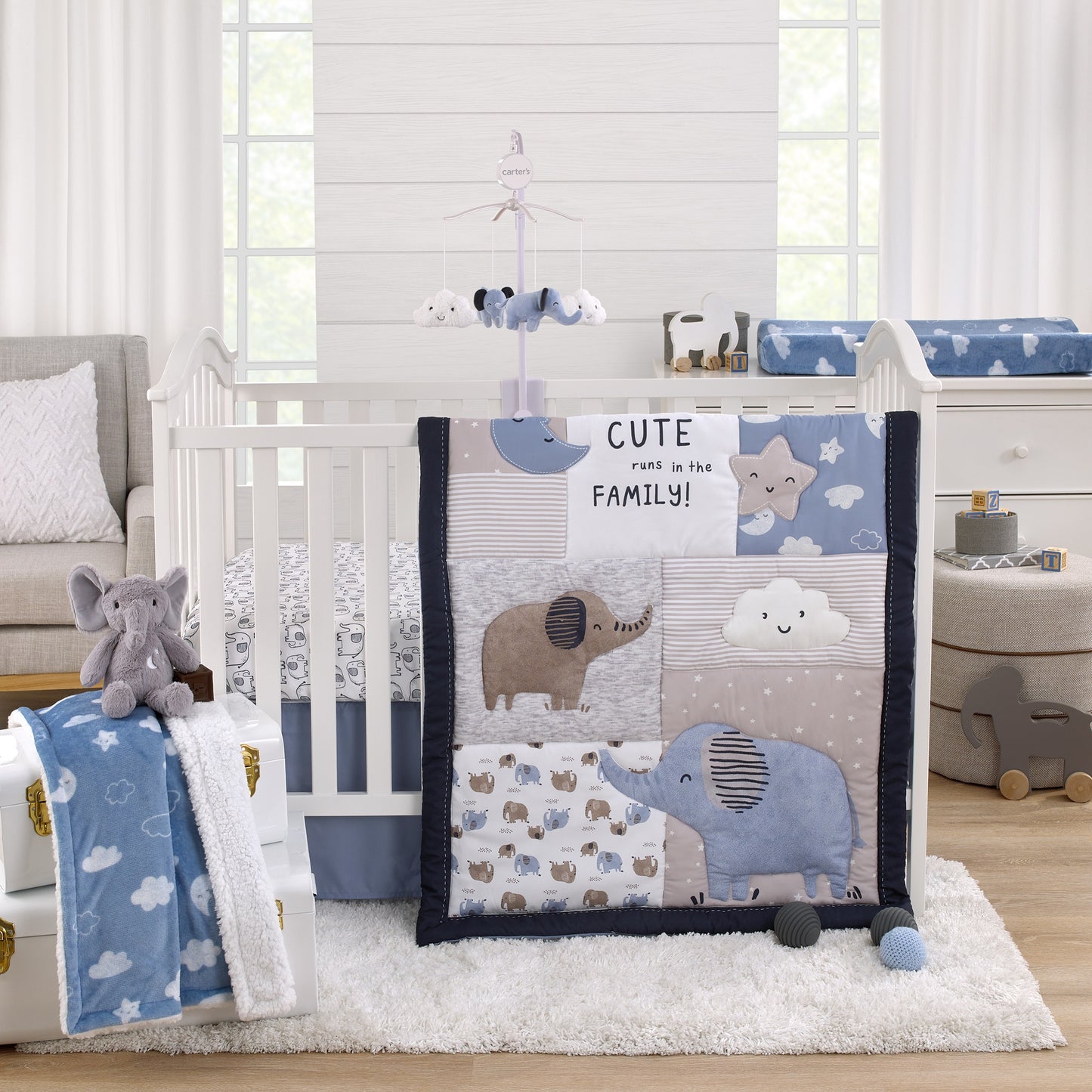 Carter's Blue Elephant - Navy and White Plush Clouds and Elephants Musical Mobile