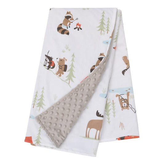 Little Love by NoJo Camping White, Gray, and Orange Moose, Tents, and Fishing Super Soft Baby Blanket