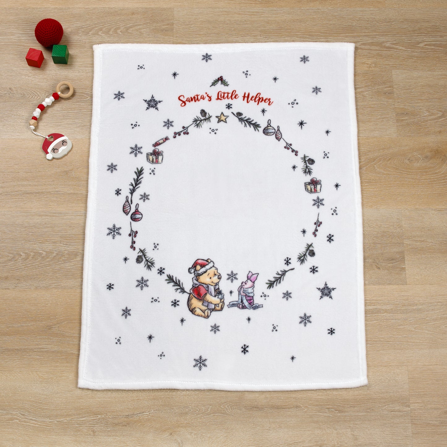 Disney Winnie the Pooh and Piglet White, Red, and Green Christmas Holiday Wreath "Santa's Little Helper" Photo Op Super Soft Baby Blanket