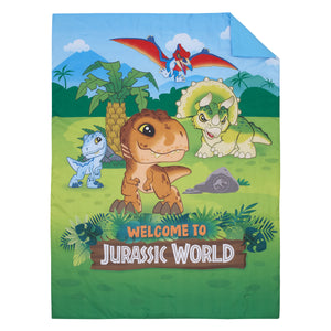Universal Jurassic World Explorers Welcome to Jurassic World, Green, Blue, and Tan Dinosaur 4 Piece Toddler Bed Set - Comforter, Fitted Bottom Sheet, Flat Top Sheet, and Reversible Pillowcase