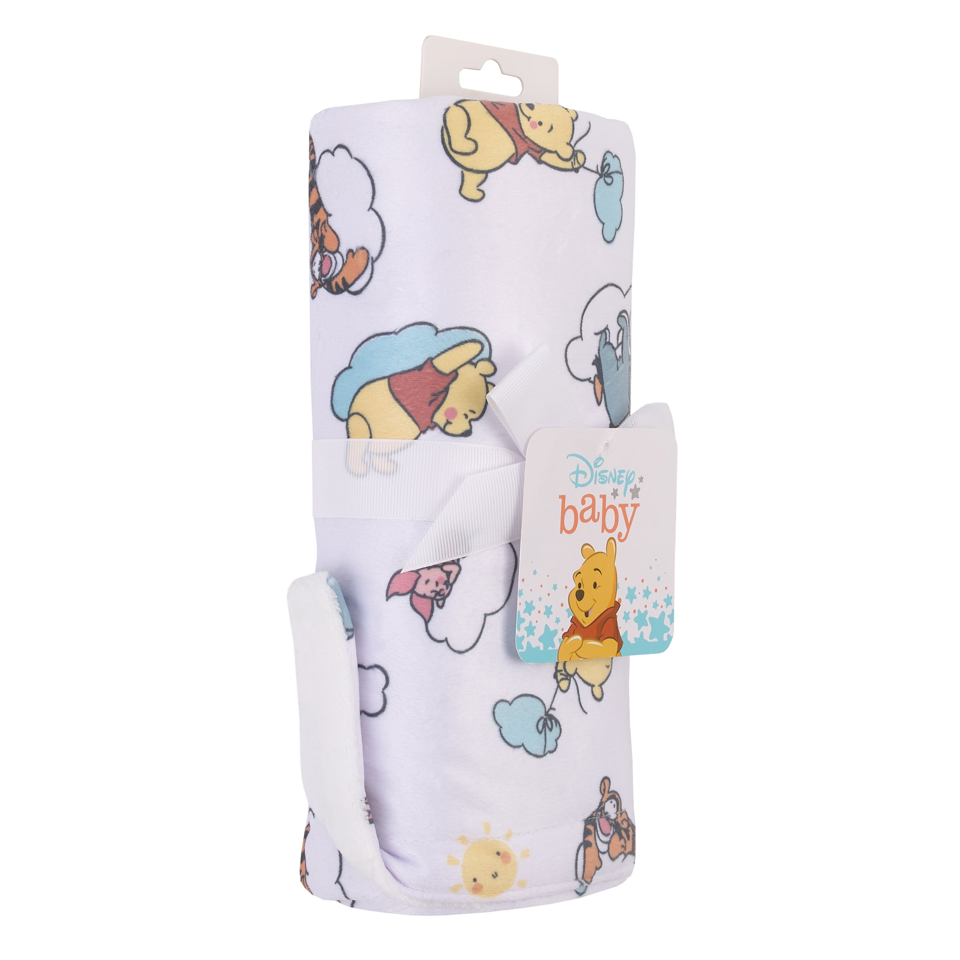 Winnie the Pooh So Loved Yellow, Aqua, and White Deluxe Reversible Super Soft Baby Blanket