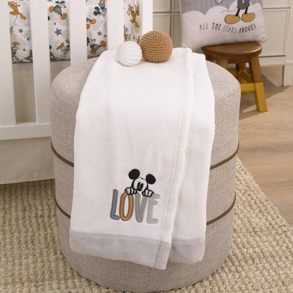 Disney Mickey Mouse Love Mickey White, Gray, and Tan Love Applique Super Soft Baby Blanket