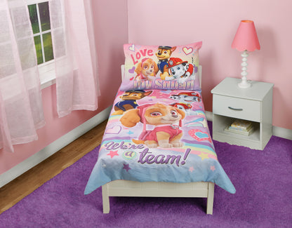 NoJo Paw Patrol Skye We're A Team 4 Piece Toddler Bed Set - Includes Comforter, Fitted Bottom Sheet, Flat Top Sheet, Reversible Pillowcase