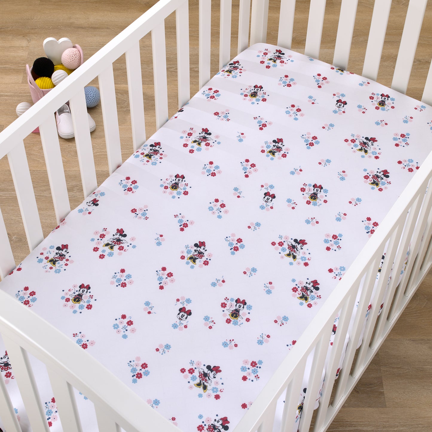 Disney Minnie Mouse - Pink, Blue and White Small Town Floral Nursery Fitted Crib Sheet