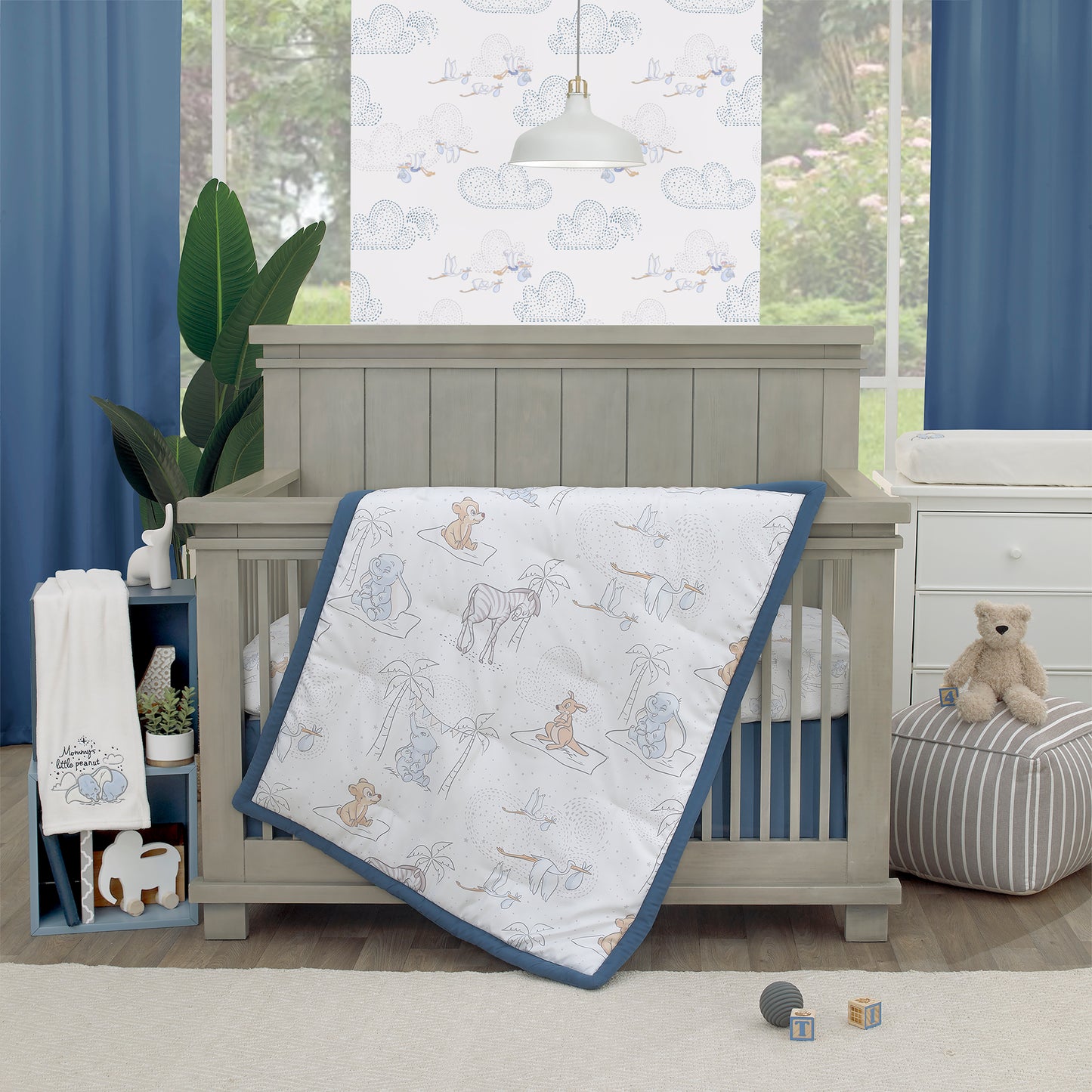 Disney Dumbo Mommy's Little Peanut Ivory, Gray, and Blue Kangaroo, Bear, Zebra, and Stork with Palm Trees 6 Piece Nursery Crib Bedding Set - Comforter, Two Fitted Crib Sheets, Crib Skirt, Blanket and Changing Pad Cover
