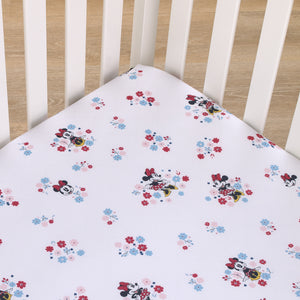 Disney Minnie Mouse - Pink, Blue and White Small Town Floral Nursery Fitted Mini Crib Sheet