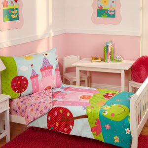 Everything Kids Fairytale Pink, Green and Teal, Castle, Frog, Flowers 4 Piece Toddler Bed Set - Comforter, Fitted Bottom Sheet, Flat Top Sheet, Reversible Pillowcase