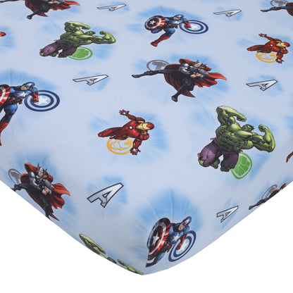 Marvel Avengers Fight the Foes Blue, Red, Green Hulk, Iron Man, Thor, Captain America 4 Piece Toddler Bed Set - Comforter, Fitted Bottom Sheet, Flat Top Sheet, and Reversible Pillowcase