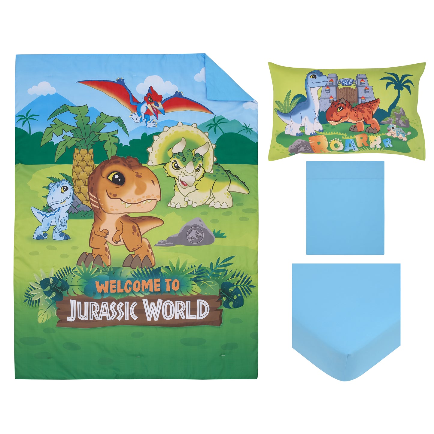 Universal Jurassic World Explorers Welcome to Jurassic World, Green, Blue, and Tan Dinosaur 4 Piece Toddler Bed Set - Comforter, Fitted Bottom Sheet, Flat Top Sheet, and Reversible Pillowcase