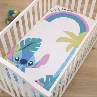Disney Stitch Blue, Teal, Lime, Lavender, and White Living the Dream Photo Op Fitted Crib Sheet