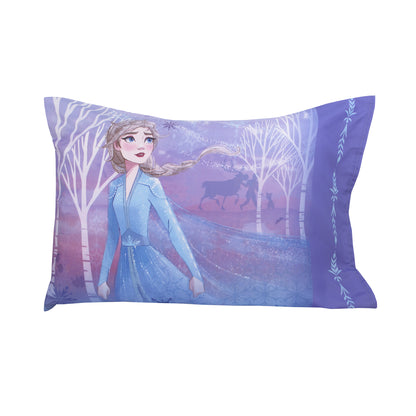 Disney Frozen II Traveling North Lavender, Light Blue and Plum 4 Piece Toddler Bed Set - Comforter, Fitted Bottom Sheet, Flat Top Sheet, Reversible Pillowcase