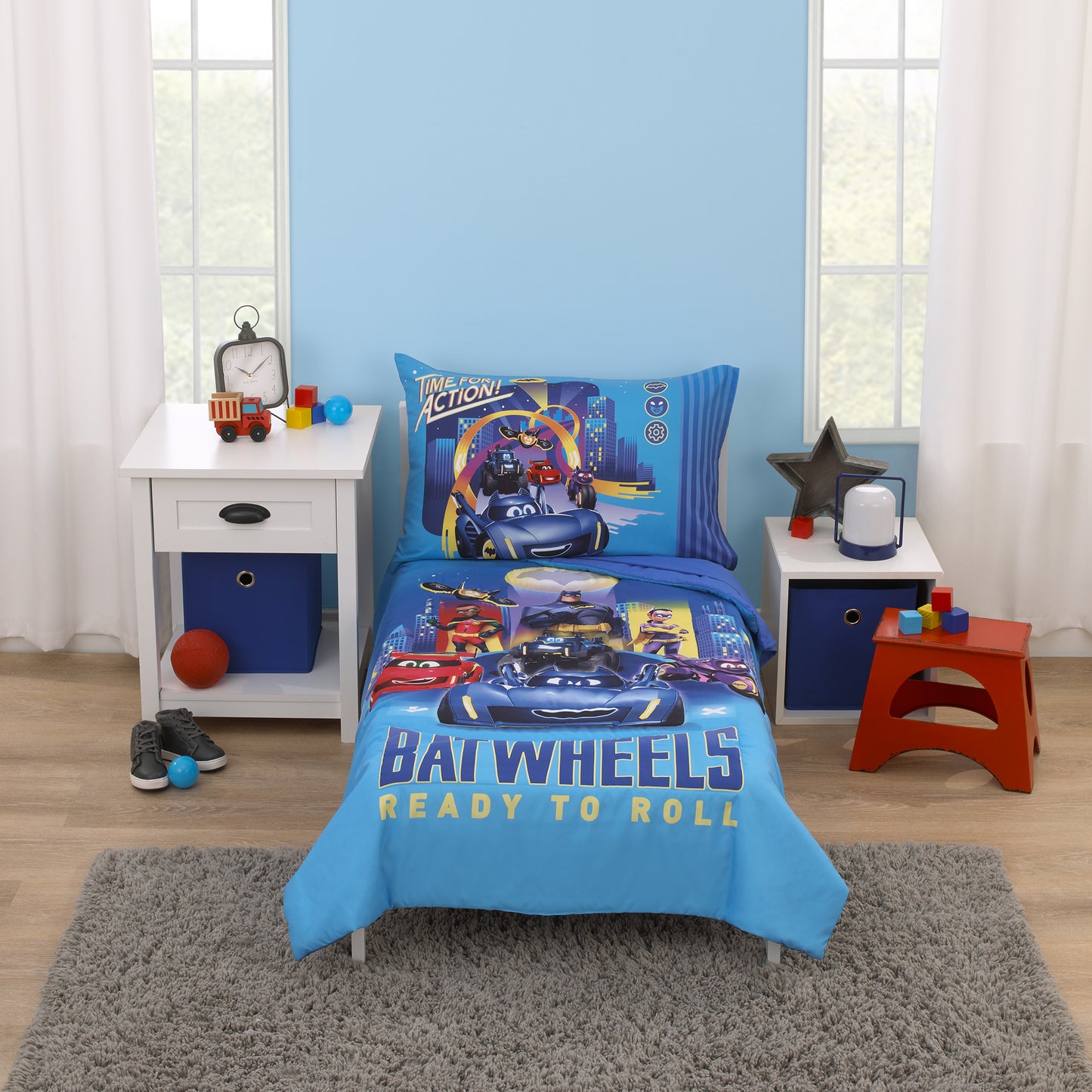 Warner Brothers Batwheels Ready to Roll Blue, Red, and Yellow 4 Piece Toddler Bed Set - Comforter, Fitted Bottom Sheet, Flat Top Sheet and Reversible Pillowcase