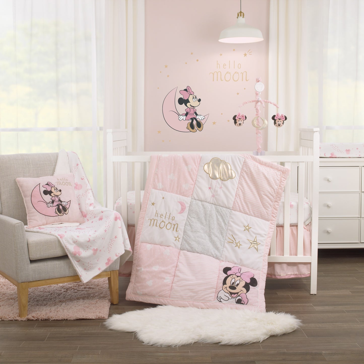 Disney Minnie Mouse Twinkle Twinkle Minnie Pink, White and Metallic Gold 3 Piece Crib Bedding Set