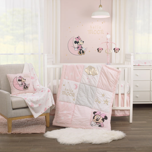 Disney Minnie Mouse Twinkle Twinkle Minnie Pink, White and Metallic Gold 3 Piece Crib Bedding Set