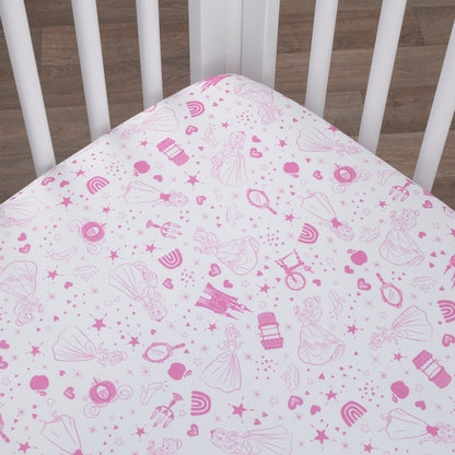 Disney Princess - Dare to Dream White and Pink Castle, Hearts and Stars Fitted Crib Sheet