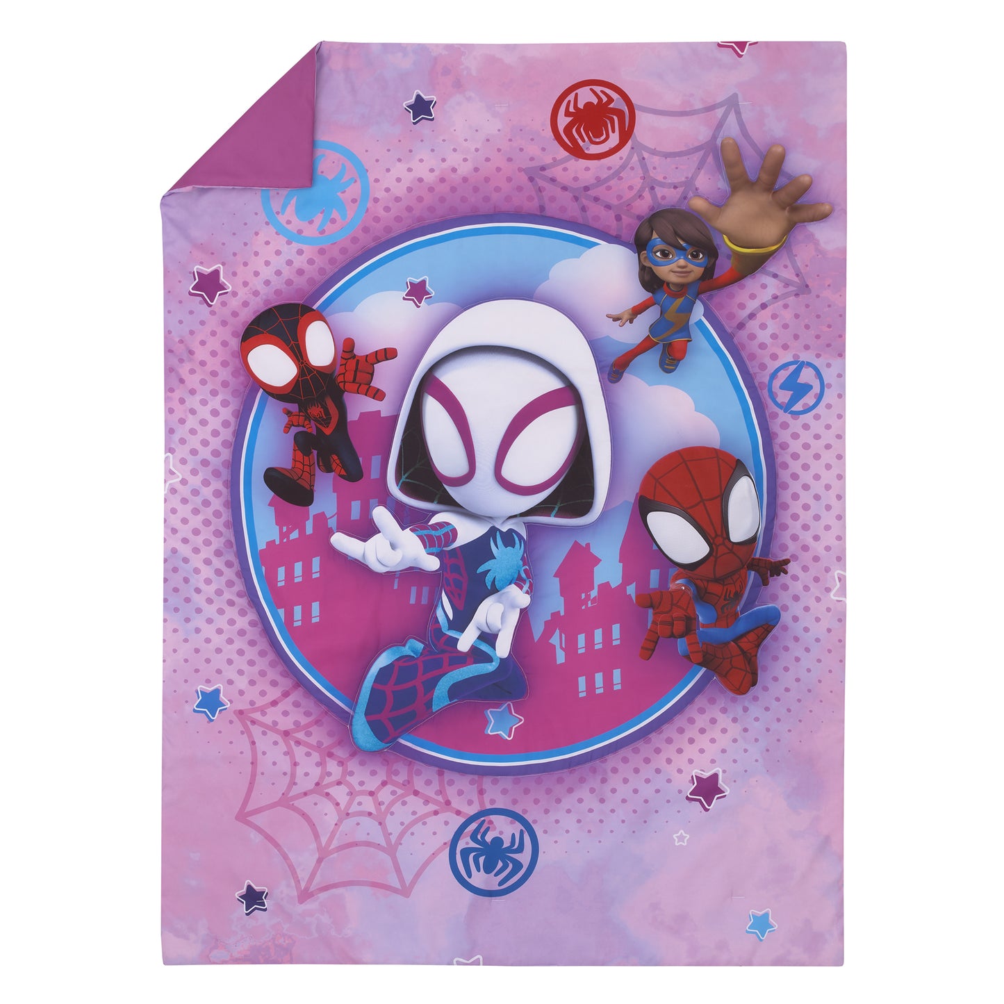 Marvel Ghost Spider, Go Ghosty Purple, Pink, and Blue 4 Piece Toddler Bed Set - Comforter, Fitted Bottom Sheet, Flat Top Sheet, and Reversible Pillowcase