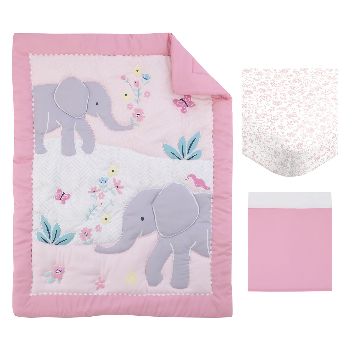 Carter's Floral Elephant Pink and Gray Bird, Butterfly and Flowers 3 Piece Nursery Crib Bedding Set - Comforter, Fitted Crib Sheet, and Crib Skirt