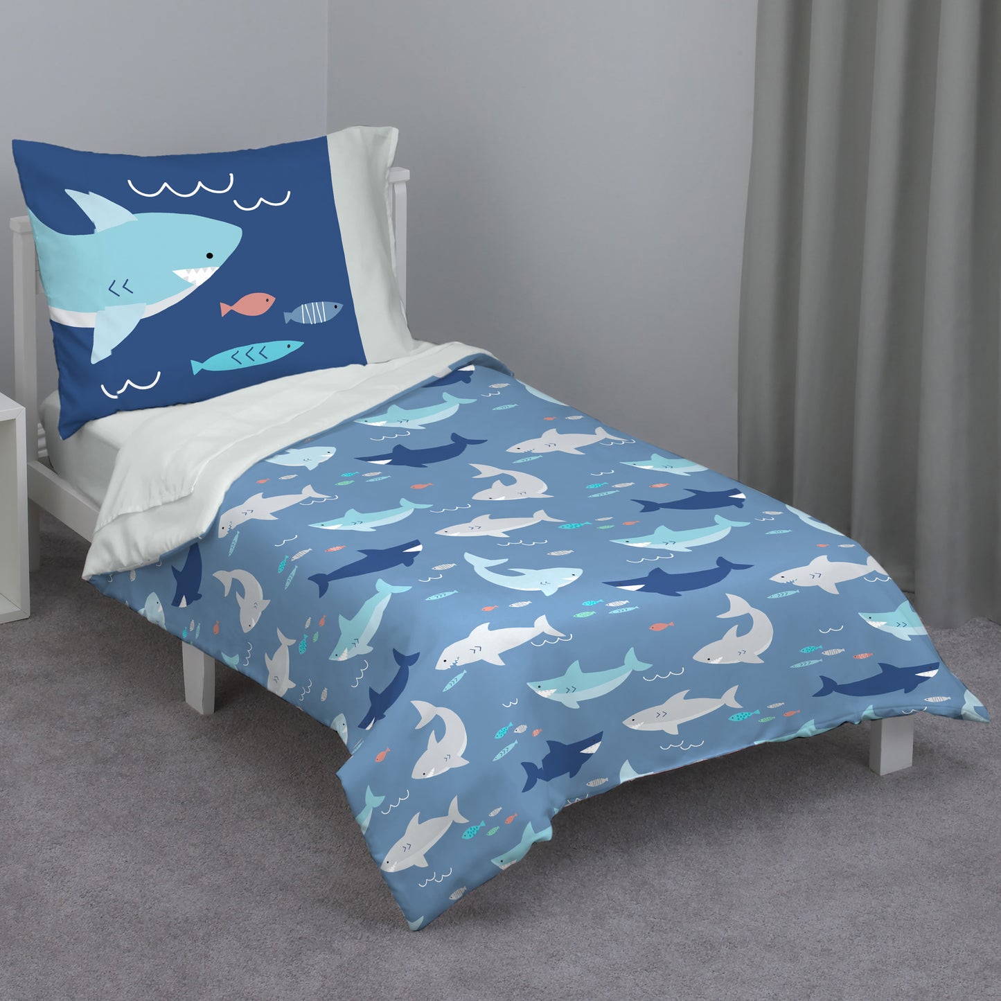 Everything Kids Navy and Light Blue Shark 4 Piece Toddler Bed Set - Comforter, Fitted Bottom Sheet, Flat Top Sheet, Reversible Pillowcase