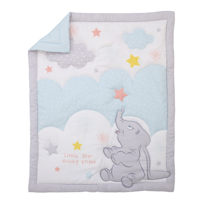 Disney Dumbo Shine Bright Lil Star Light Blue, Gray, and White Stars and Clouds 4 Piece Nursery Crib Bedding Set - Comforter, Fitted Crib Sheet, Changing Pad Cover, and Crib Skirt