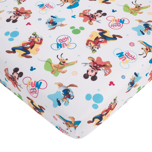 Disney Mickey Mouse Blue, Red, Green, and White, Donald Duck, Pluto, and Goofy, Fun Starts Here 2 Piece Toddler Sheet Set - Fitted Bottom Sheet, and Reversible Pillowcase