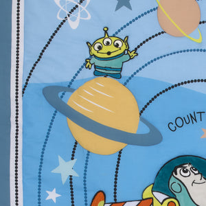 Toy Story Buzz Lightyear Blue, Orange, and Yellow Countdown to Blast-Off 3 Piece Nursery Crib Bedding Set - Comforter, 100% Cotton Fitted Crib Sheet and Crib Skirt