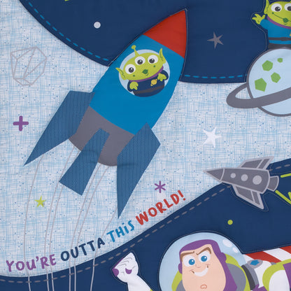 Disney Toy Story Outta This World Blue, Red, and Green Buzz Lightyear and Alien 3 Piece Nursery Mini Crib Bedding Set - Comforter and Two Fitted Mini Crib Sheets