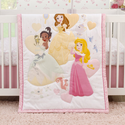 Disney Make A Wish Multi Princess Pink and White Belle, Tiana, and Aurora 3 Piece Nursery Crib Bedding Set - Comforter, Fitted Crib Sheet, and Crib Skirt