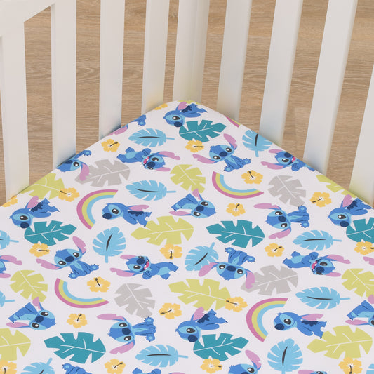 Disney Stitch Blue, Teal, Lime, and White Nursery Fitted Mini Crib Sheet