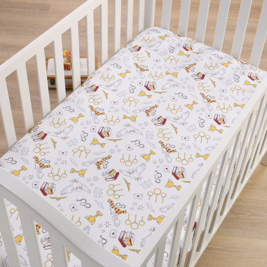 NoJo Warner Bros Harry Potter White, Gold, and Red Hogwarts Icons Nursery Fitted Crib Sheet