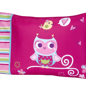 Everything Kids Hoot Hoot Pink, Aqua, Green and White 4 Piece Toddler Bed Set - Comforter, Fitted Bottom Sheet, Flat Top Sheet, Reversible Pillowcase