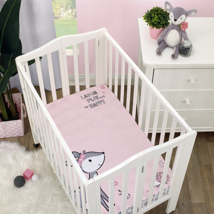 Little Love by NoJo Sweet Deer Pink and Grey Laugh Play & Be Happy Photo Op Fitted Mini Crib Sheet