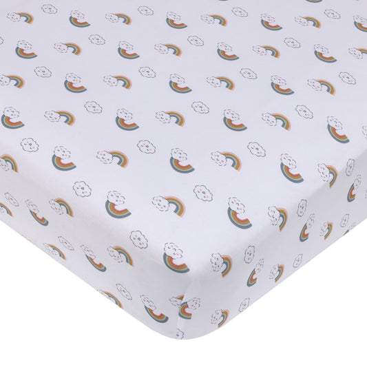 Chasing Rainbows - White, Peach, Teal, and Gold Clouds and Rainbows Super Soft Fitted Crib Sheet