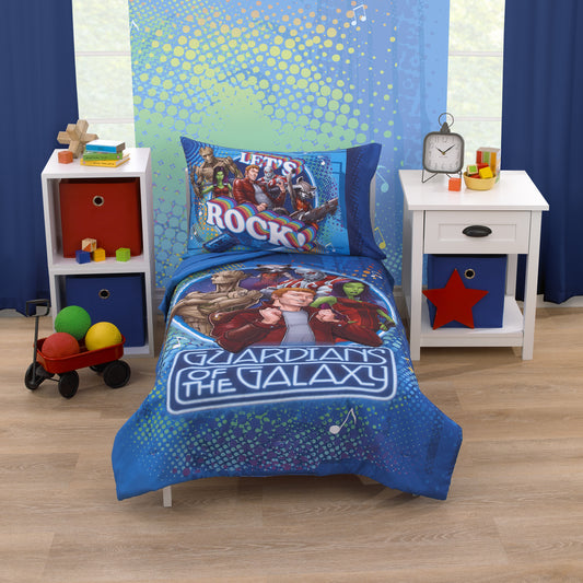 Guardians of the Galaxy Blue Let's Rock 4 Piece Toddler Bed Set - Comforter, Fitted Bottom Sheet, Flat Top Sheet, and Reversible Pillowcase