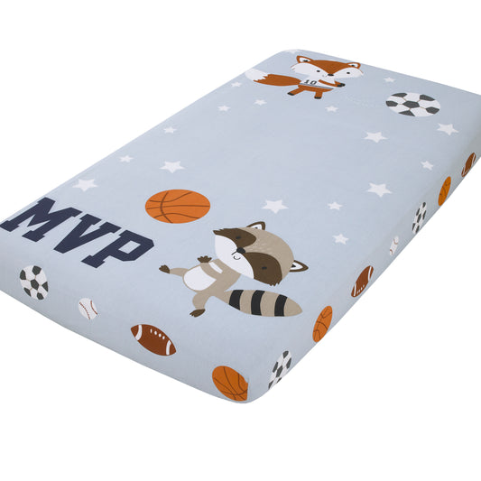 Team All Star Light Blue, Grey, and Orange, MVP Fox and Raccoon Sports Theme with White Stars Photo Op 100% Cotton Fitted Crib Sheet