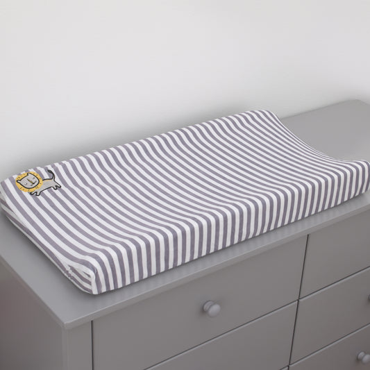 Little Love by NoJo Roarsome Lion - Grey, White Stripe Plush Changing Pad Cover with Yellow Lion Applique