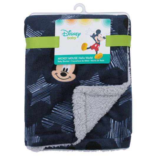 Disney Mickey Mouse Hello World Star/Icon Super Soft Double Sided Velour/Sherpa Baby Blanket