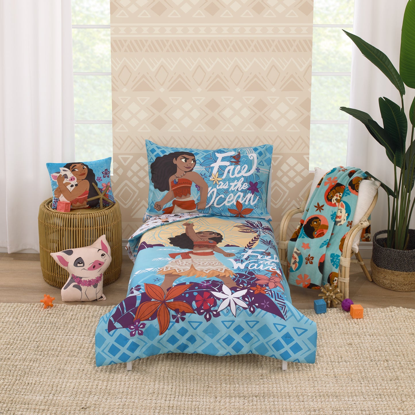 Disney Moana Free as the Ocean Aqua, Purple, Orange and White Tropical 4 Piece Toddler Bed Set - Comforter, Fitted Bottom Sheet, Flat Top Sheet, and Reversible Pillowcase