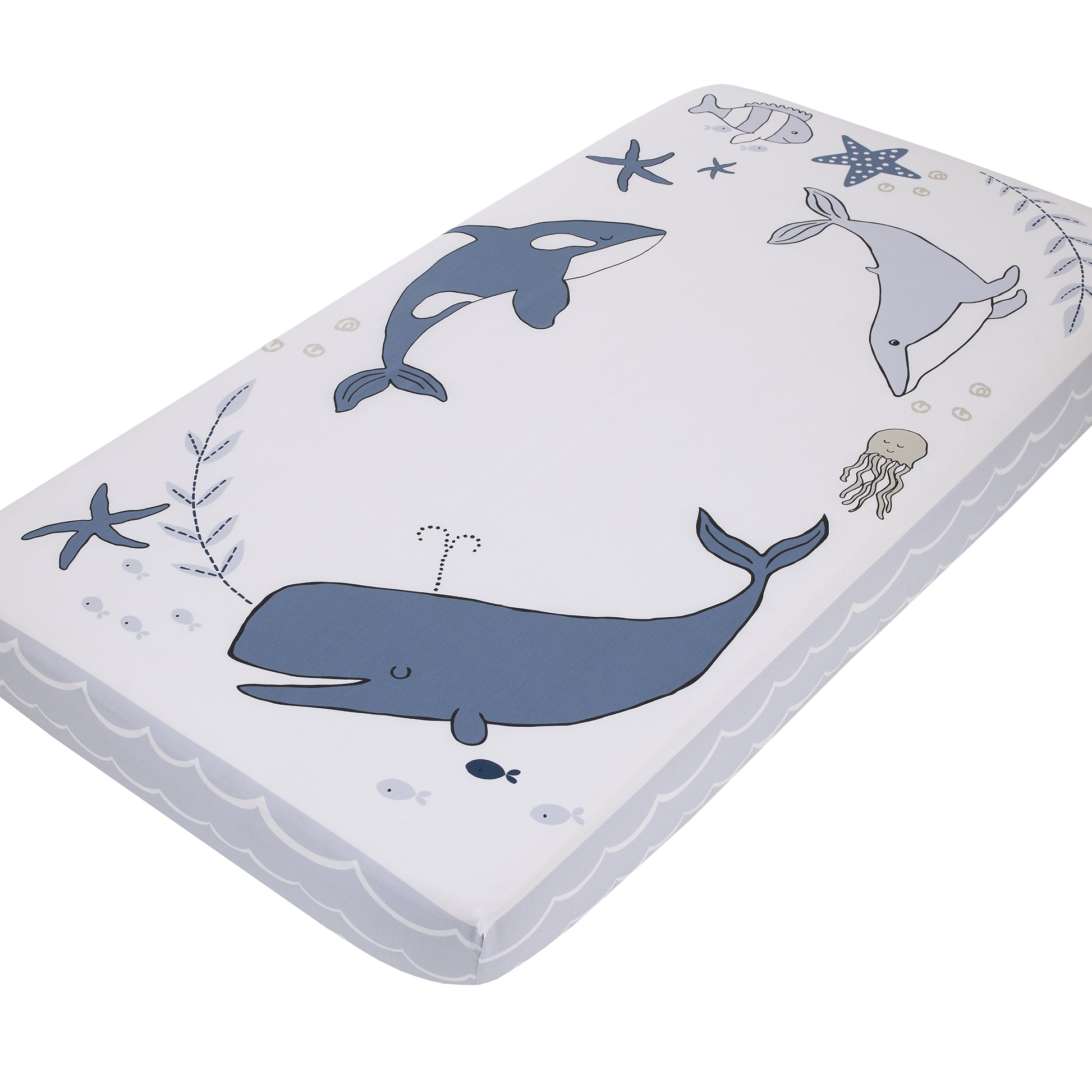 Ever & Ever Marine Navy, Light Blue, and White Ocean Friends 100% Cotton Nursery Photo Op Fitted Crib Sheet