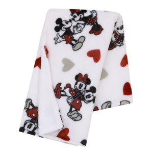 Disney Mickey Mouse & Minnie Mouse Red, Gray, and White Valentine Hearts Super Soft Sherpa Baby Blanket